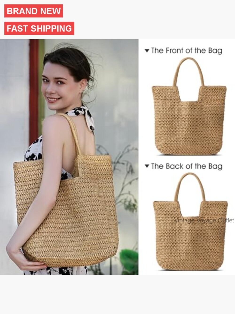 Large Straw Tote Bag for Women, Woven Beach Bag with Zipper, Lightweight - Picture 4 of 7
